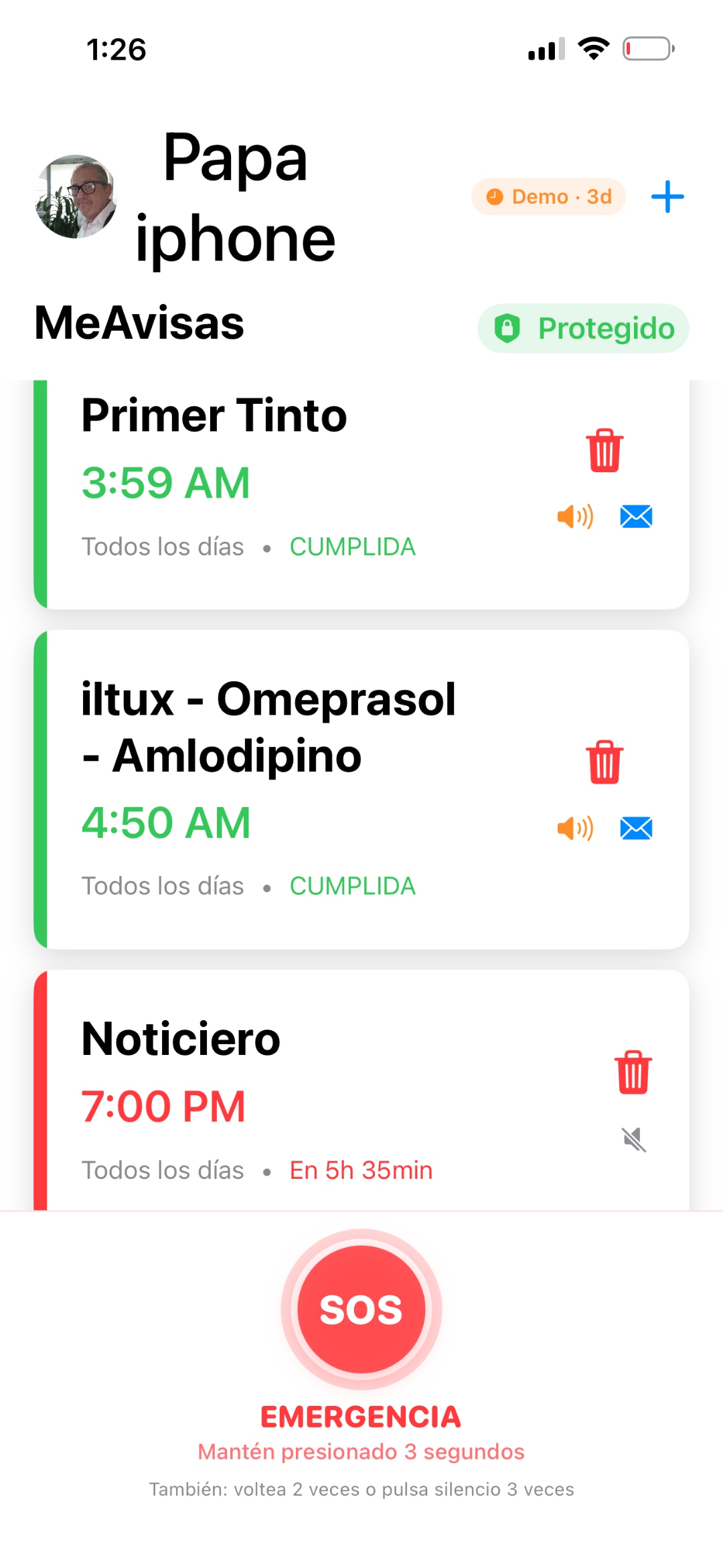 App MeAvisas mostrando alarmas del día con botón SOS de emergencia