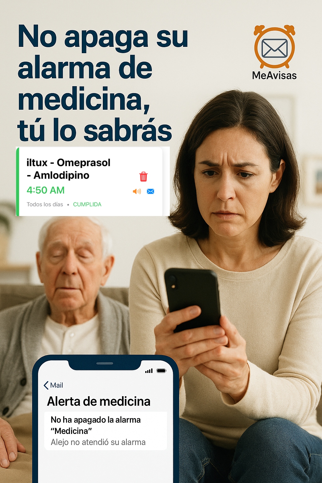 Hija recibiendo en su teléfono la alerta de que su padre no apagó su alarma de medicina