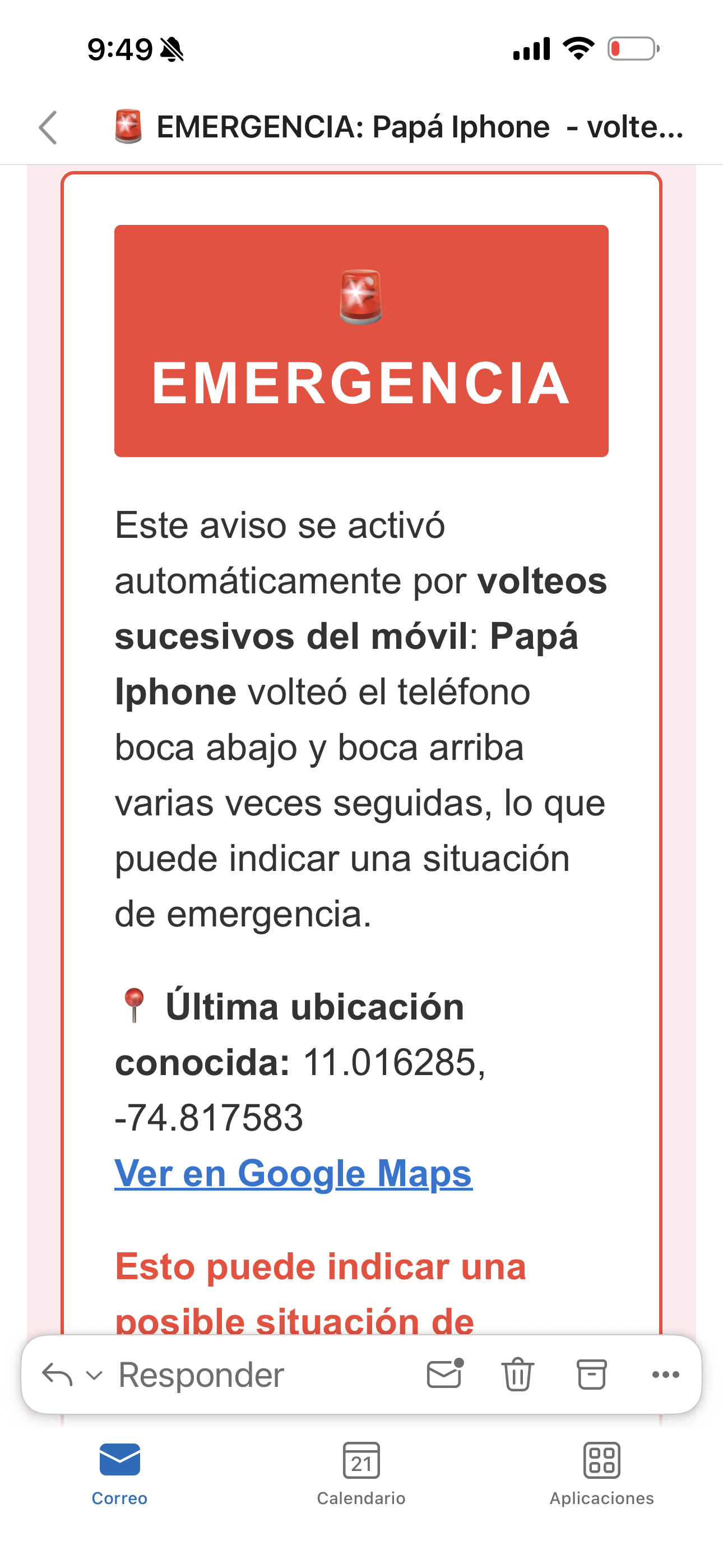Correo SOS con ubicación GPS y link a Google Maps