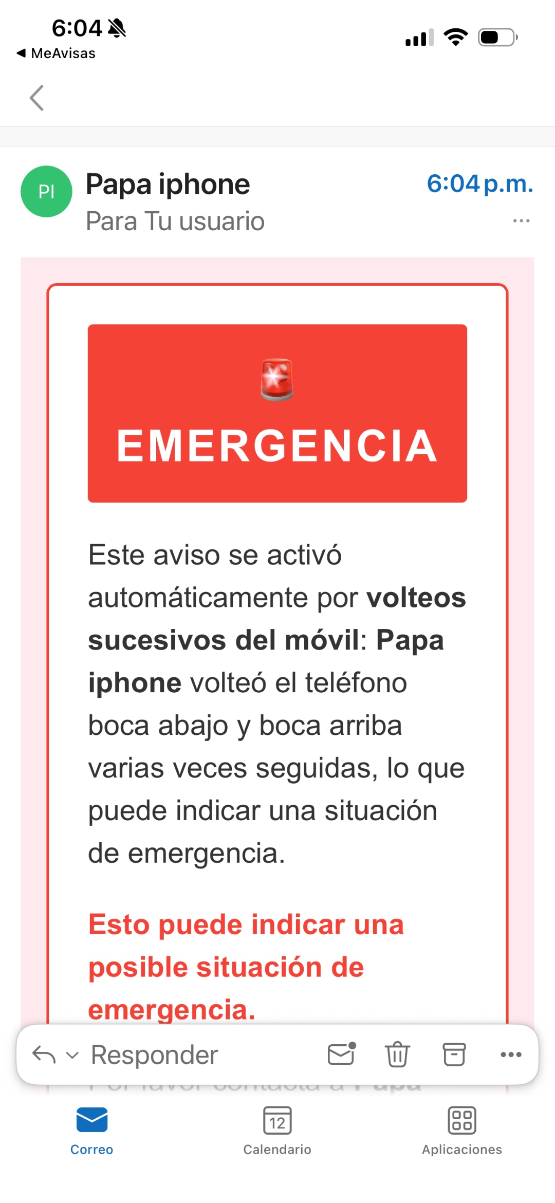 Correo SOS por volteo del móvil
